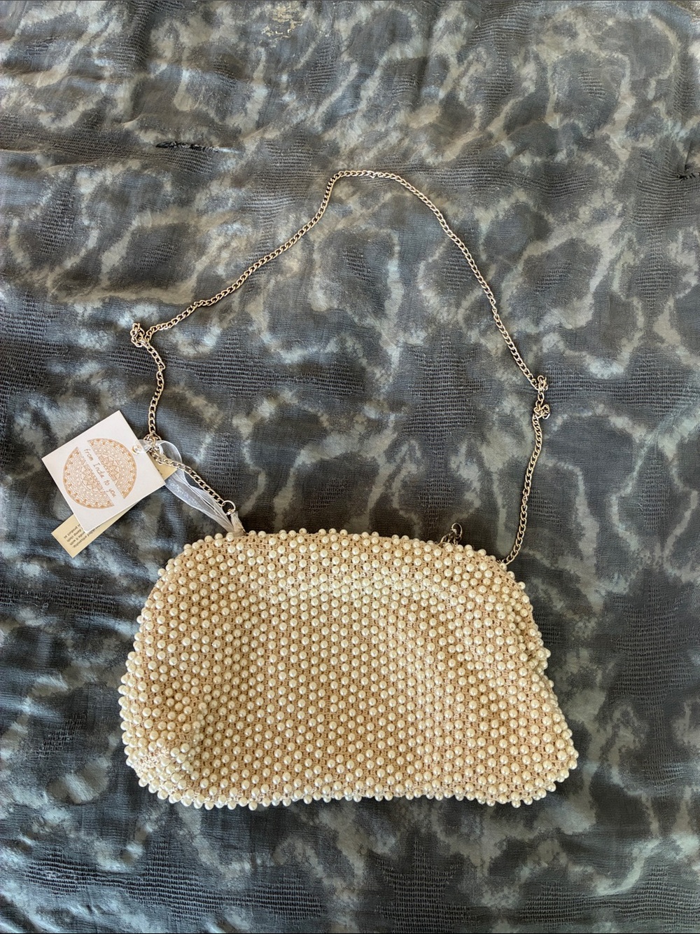 NWT•Beaded Pearl-Style•Clutch•Chain•Shoulder Bag - Cream